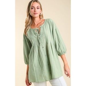 New Umgee S Pastel Green Button Front Box Pleats Texture Cotton Long Tunic Top